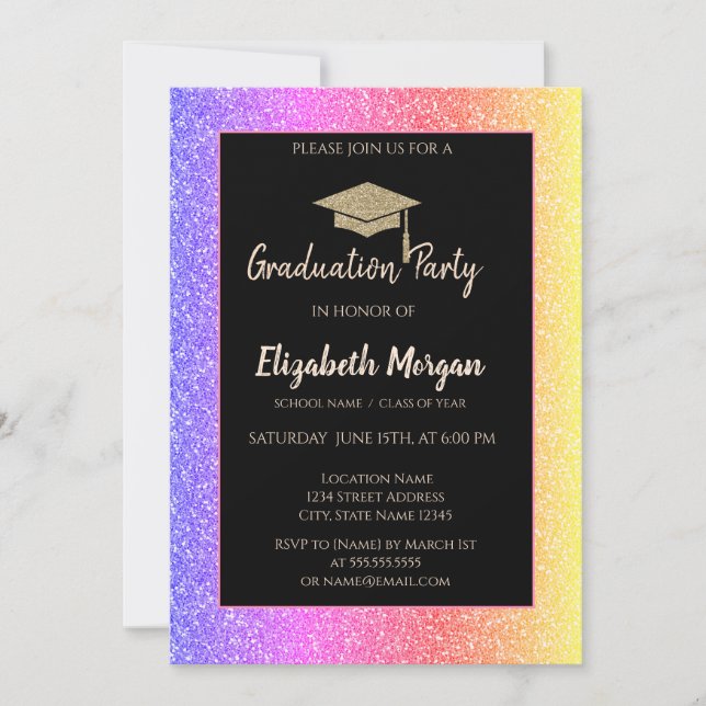 Elegant Glitter Grad Cap Colorful Glitter Inbjudningar (Framsida)