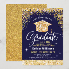 Elegant Glitter Grad Cap på blå Studenten Inbjudningar