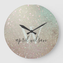 Elegant Glitter Grönt Rosa Aqua Shiny Shimmer Stor Klocka