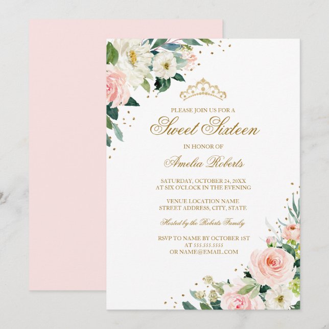 Elegant Glitter  Guld Blommigt Sweet sixteen Inbjudningar (Fram/baksida)