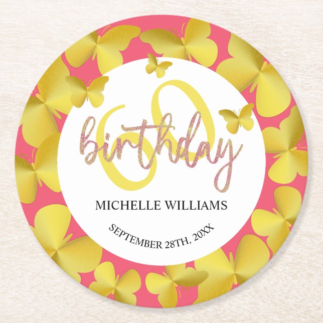 Elegant Glitter Guld Butterfly Calligraphy Underlägg Papper Rund (Framsidan)