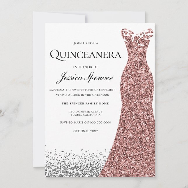 Elegant Glitter Guld Dress Quinceanera Inbjudan (Framsida)