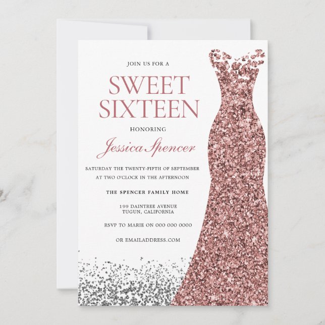 Elegant Glitter Guld Dress Sweet 16 Inbjudan (Framsida)
