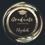 Elegant Glitter Guld Examenshatt, Svart Runt Klistermärke<br><div class="desc">Glitter examensmössa och guldcirkelram med ditt namn.</div>