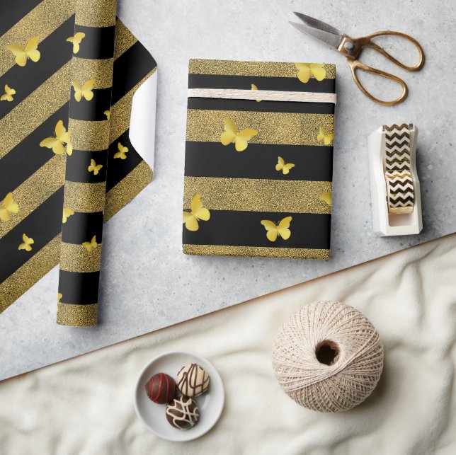 Elegant Glitter Guld Fjäril Mönster Presentpapper (Hantverk)