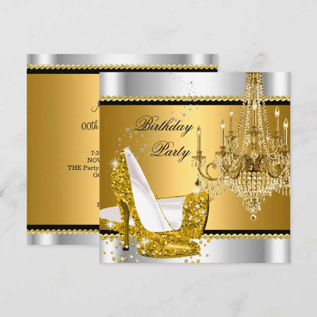 Elegant Glitter Guld Silver Glamour Ljuskrona Inbjudningar (Fram/baksida)