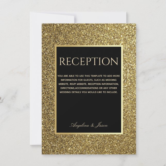 Elegant Glitter Guld Svart Bröllopsmottagning Kort (Framsida)