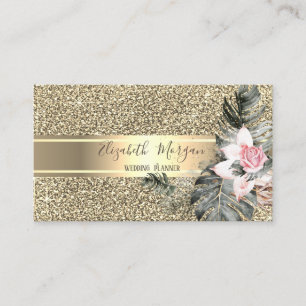 Elegant glitter, guldrand, palmkvistar, rosor visitkort