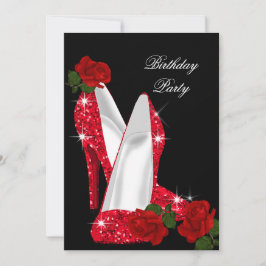 Elegant Glitter Högklackar Röd ros Svarta födelsed Inbjudningar