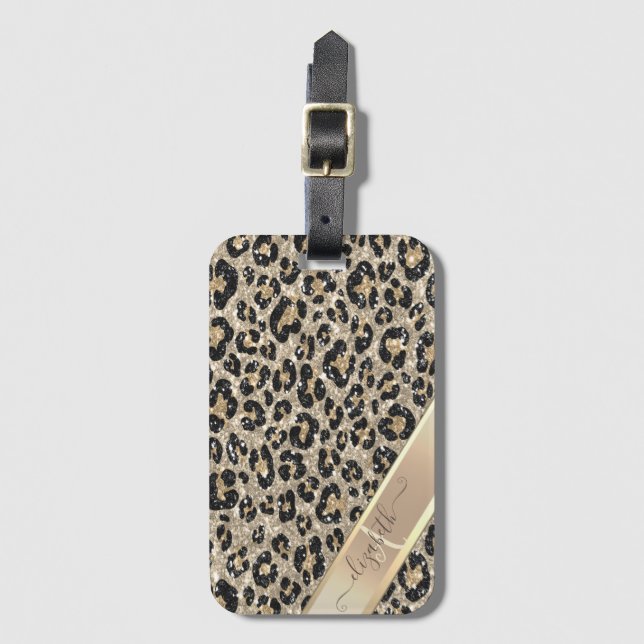 Elegant glitter leopardmönster monogram      bagagebricka (Framsida vertikal)