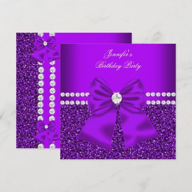 Elegant Glitter Lila Diamonds Födelsedag 2 Inbjudningar (Fram/baksida)