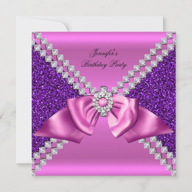 Elegant Glitter Lila Rosa Diamond Bow Birthday Inbjudningar (Framsida)