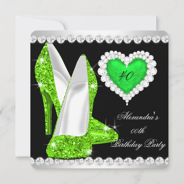 Elegant Glitter Lime Green Heart Shoes Birthday Inbjudningar (Framsida)