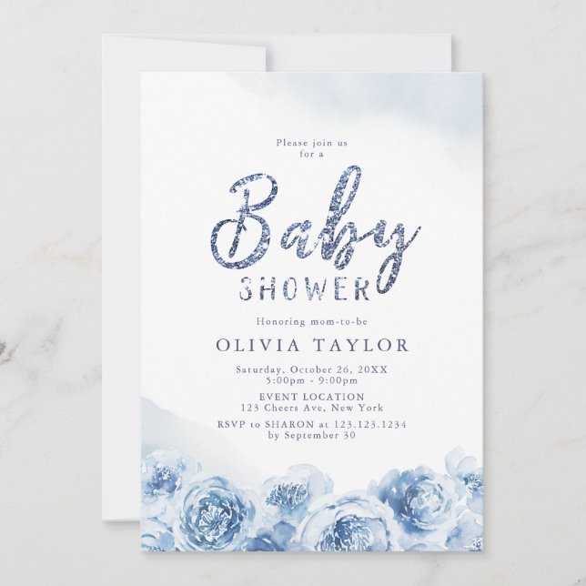 Elegant glitter-manusdusch för blått blommigt inbjudningar (Framsida)