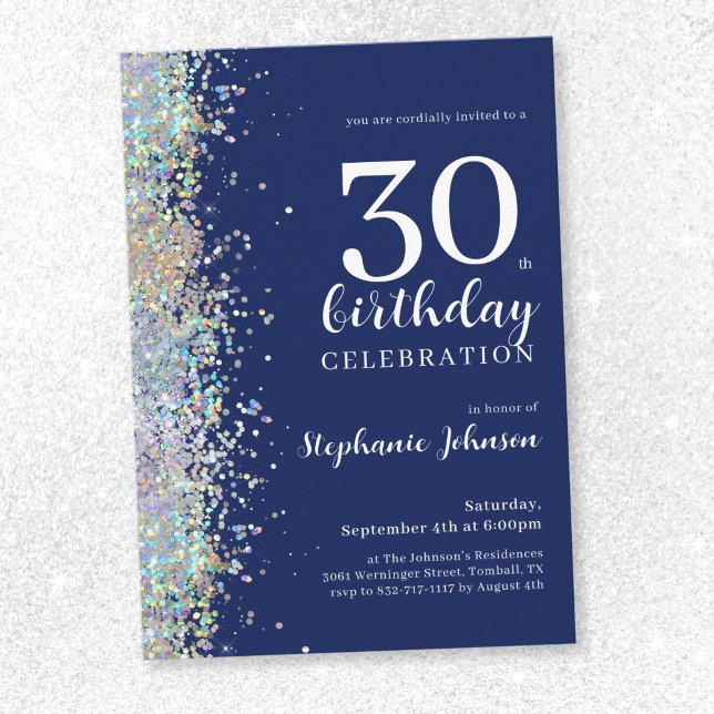 Elegant Glitter marinblått 30års födelsedag Inbjudningar (Elegant Glitter Navy Blue 30th Birthday Invitation)