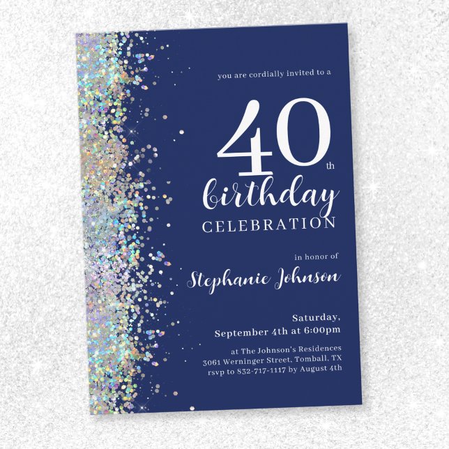 Elegant Glitter marinblått 40:e födelsedag Inbjudningar (Elegant Glitter Navy Blue 40th Birthday Invitation)
