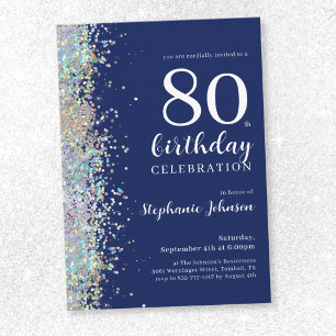 Elegant Glitter marinblått 80:e födelsedag Inbjudningar