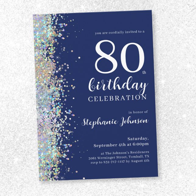 Elegant Glitter marinblått 80:e födelsedag Inbjudningar ( 
Elegant Glitter Navy Blue 80th Birthday Invitation)