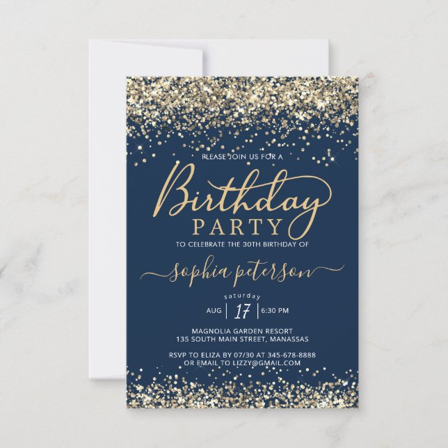 Elegant Glitter - marinblått vilken ålder som hels Inbjudningar (Framsida)