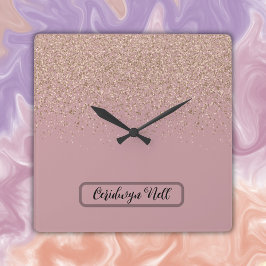 Elegant Glitter Monogram Namn | Fyrkantig Klocka