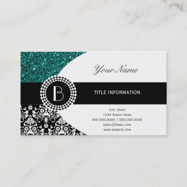 Elegant Glitter och Damaskmönster med Monogram Visitkort (Framsida)