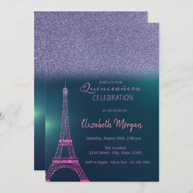 Elegant Glitter Ombre, Eiffel Torn Quinceanera Inbjudningar (Fram/baksida)