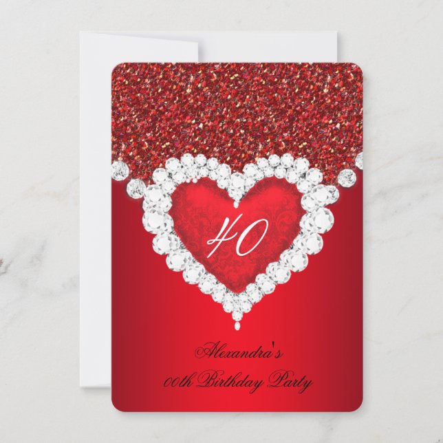 Elegant Glitter Red Diamond Heart Birthday Inbjudningar (Framsida)