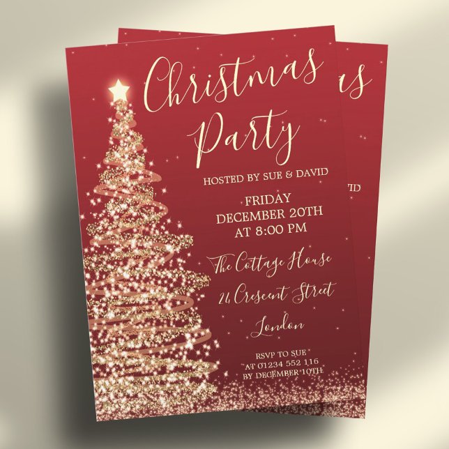 Elegant Glitter Röda julen Party i Träd Inbjudningar (Elegant Glitter Tree Red Christmas Party Invitation)