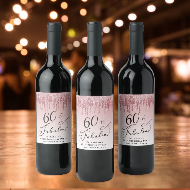 Elegant Glitter Rosa 60:e Födelsedagsfesten Vinflaska Etikett (Skapare uppladdad)