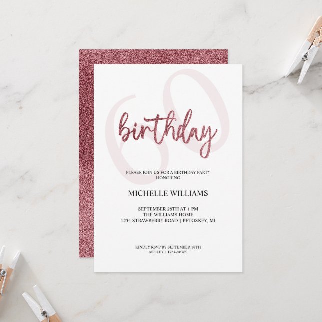 Elegant Glitter Rosa Calligraphy Birthday Inbjudningar (Fram/Back In Situ)