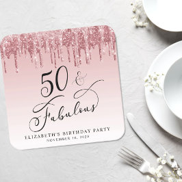 Elegant Glitter Rosa ros Guld 50:e Födelsedagsfest Underlägg Papper Kvadrat