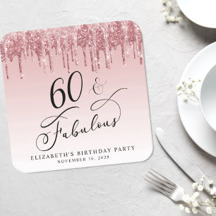 Elegant Glitter Rosa ros Guld 60:e Födelsedagsfest Underlägg Papper Kvadrat