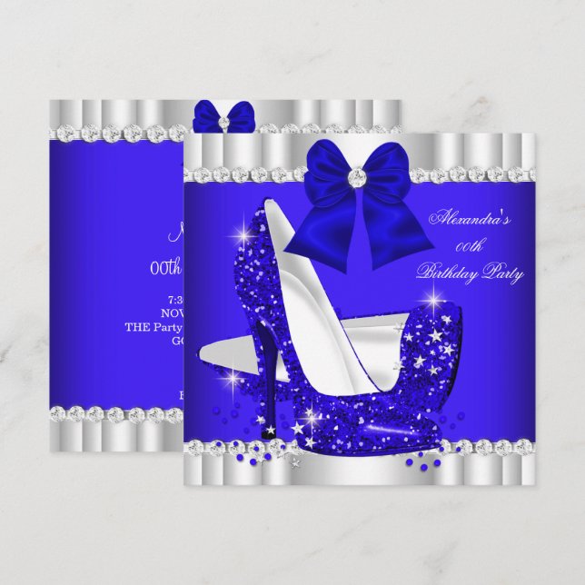 Elegant Glitter Royal Blue Silver High Heel Inbjudningar (Fram/baksida)
