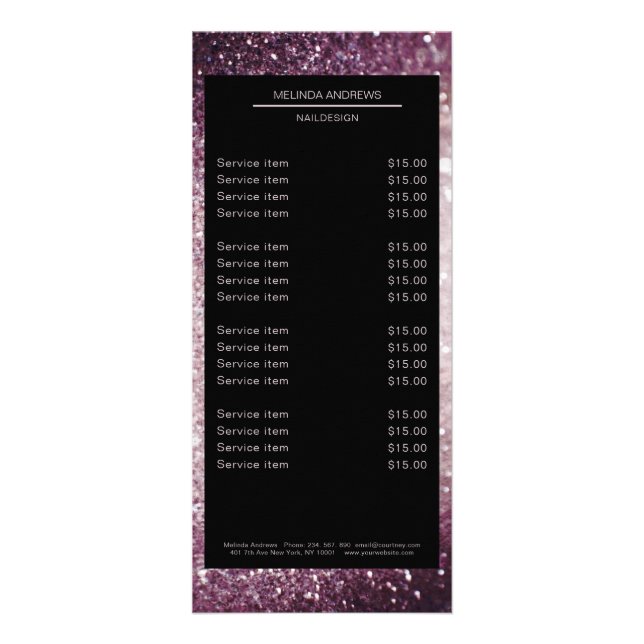 Elegant Glitter Silver Lila Pricelist Poster Reklamkort (Framsidan)