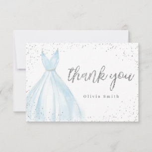 Elegant glitter silverblå klänning quinceañera tack kort