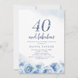 Elegant glitter, skript blå blommigt 40 födelsedag inbjudningar