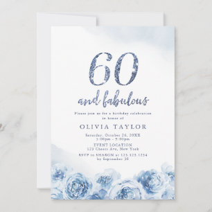 Elegant glitter, skript blå blommigt 60 födelsedag inbjudningar