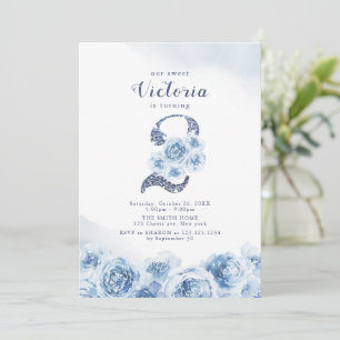 Elegant glitter, skript blått blommigt 2:a födelse inbjudningar