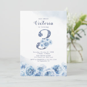 Elegant glitter, skript blått blommigt 3:e födelse inbjudningar