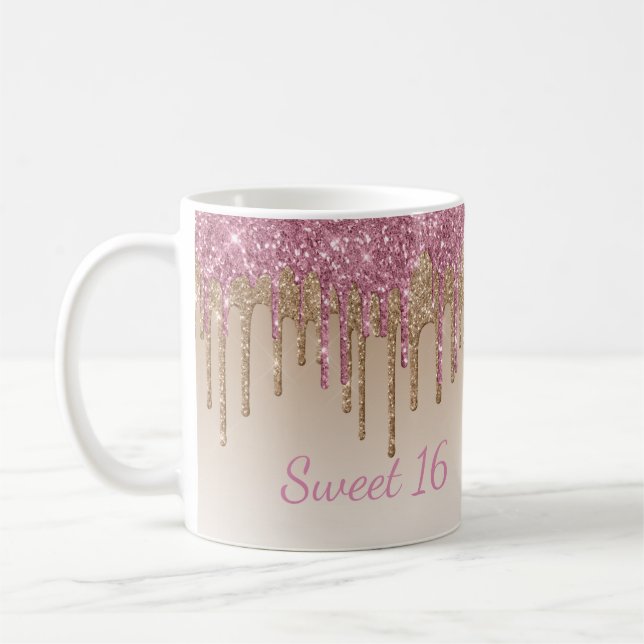 Elegant Glitter Sweet 16 Glam Script Ombré Gnistra Kaffemugg (Vänster)