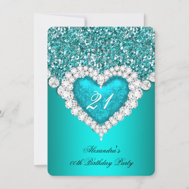 Elegant Glitter Teal Blue Diamond Heart Birday Inbjudningar (Framsida)