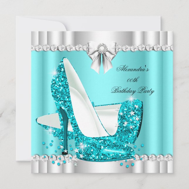 Elegant Glitter Teal Blue Glamor Hi Heels Silver Inbjudningar (Framsida)