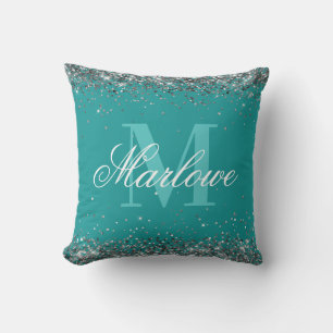 Elegant Glitter Teal Blue Grönt Monogram Kudde