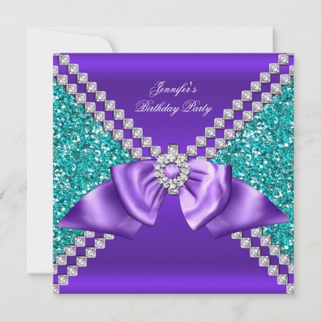 Elegant Glitter Teal Blue Lila Diamond Birthday Inbjudningar (Framsida)