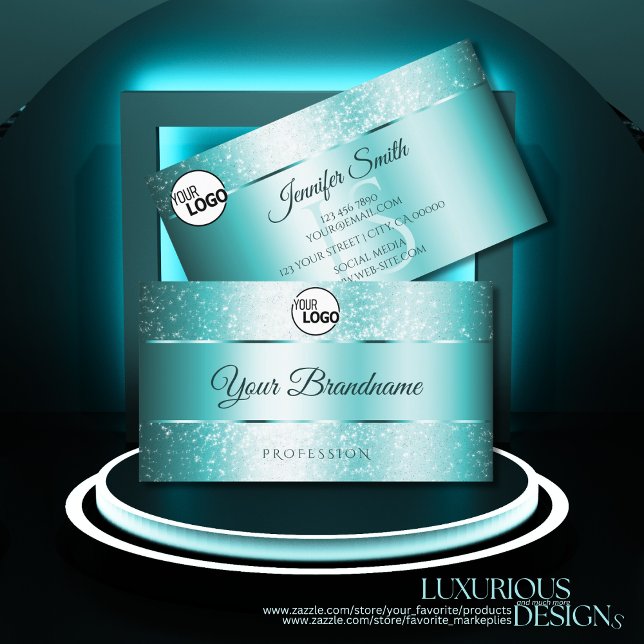 Elegant Glitter Teal Gradient Initialer och Logoty Visitkort (Skapare uppladdad)