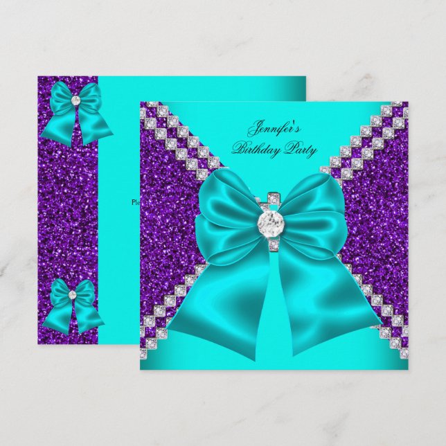 Elegant Glitter Teal Lila Diamonds Birthday Inbjudningar (Fram/baksida)
