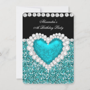 Elegant Glitter Turkos Blå Hjärtan Födelsedag 2 Inbjudningar