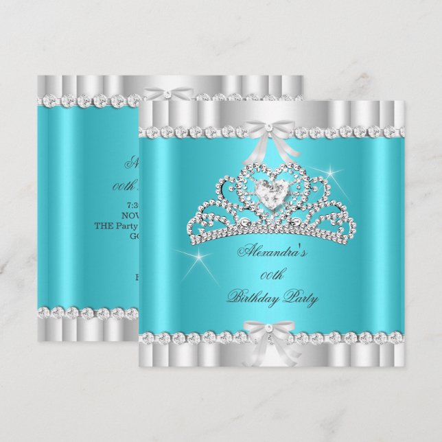 Elegant Glitter Turkos Blå Silver Tiara Hjärta Inbjudningar (Fram/baksida)