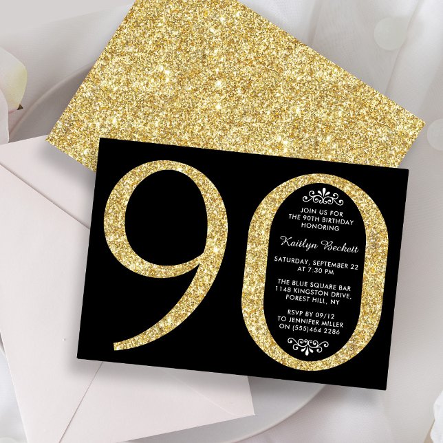 Elegant Glitter Typografi 90:e födelsedag Inbjudningar (Skapare uppladdad)