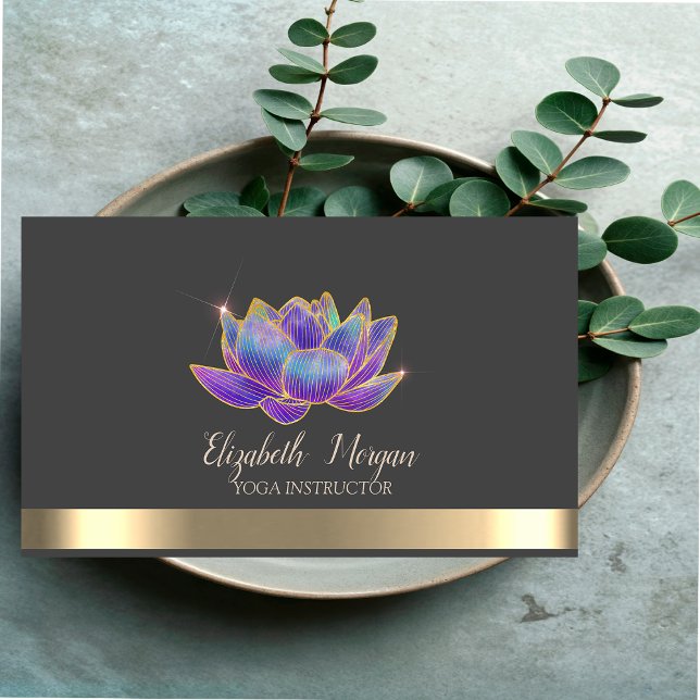 Elegant Glitter Violet Lotus Guld Rand Grått Visitkort (Skapare uppladdad)